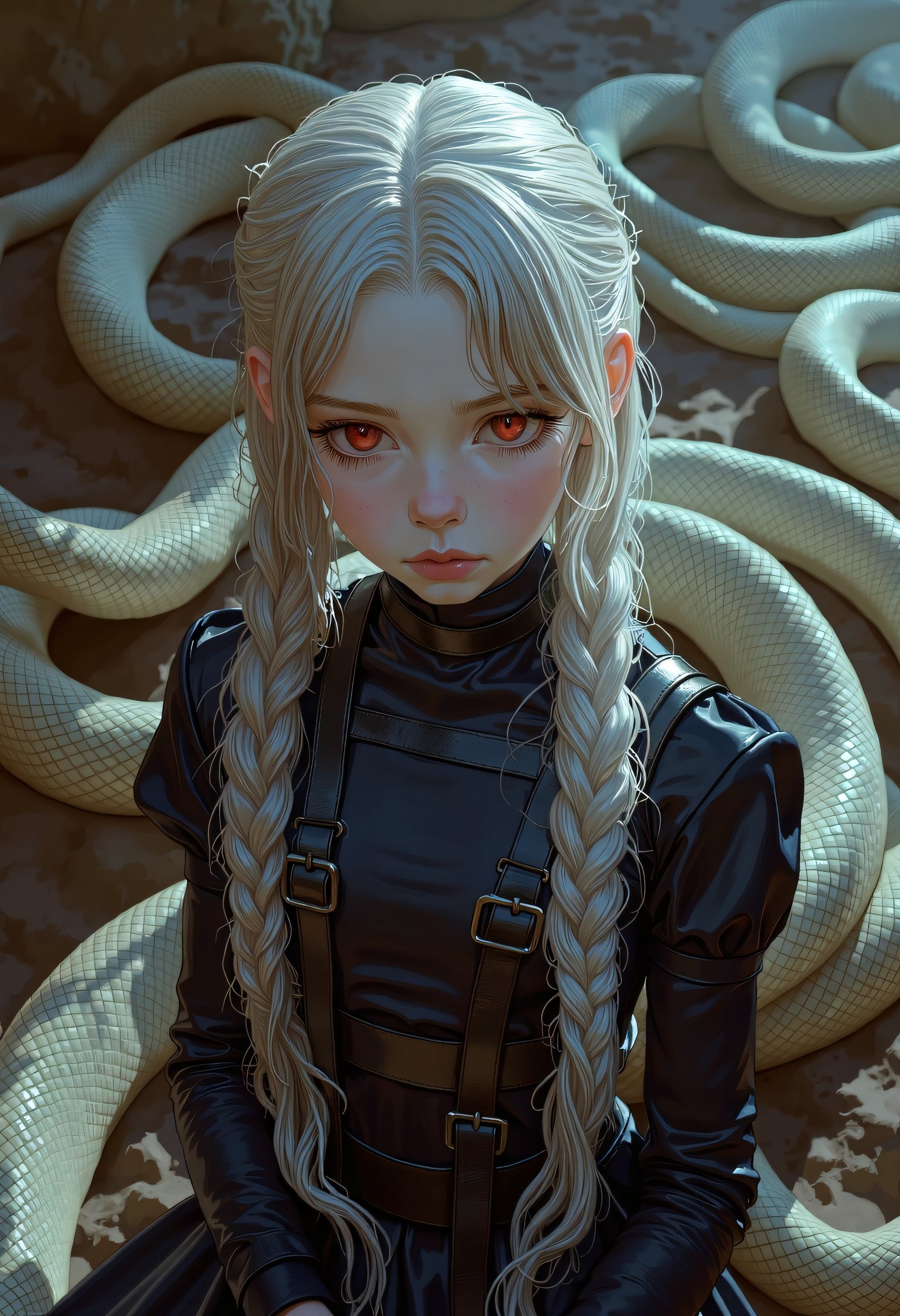 SWMS, young girl with flowing, silver-white hair intricately braided, her piercing red eyes partially obscured by loose strands. She wears a black, form-fitting military-style outfit with leather straps and intricate detailing. Surrounding her are large serpents, their scales glistening with a lifelike texture, eyes glowing a menacing red. Her hands, gloved in textured black leather, rest calmly at her sides. The atmosphere is tense, with soft, diffused light casting sharp, photorealistic shadows across her pale skin and the snakes coiled bodies. The background is a misty, abstract environment, enhancing her eerie and powerful presence. Every detail, from the weave of her braid to the fine scales of the serpents, is rendered with exquisite realism, making the scene vivid and lifelike., detailed drawing   <lora:FLUX - SWMSF - Styles for FLUX ( detailed drawing, swms ):1> <lora:FLUX - Surreal_Photo (Glitter):0.4>