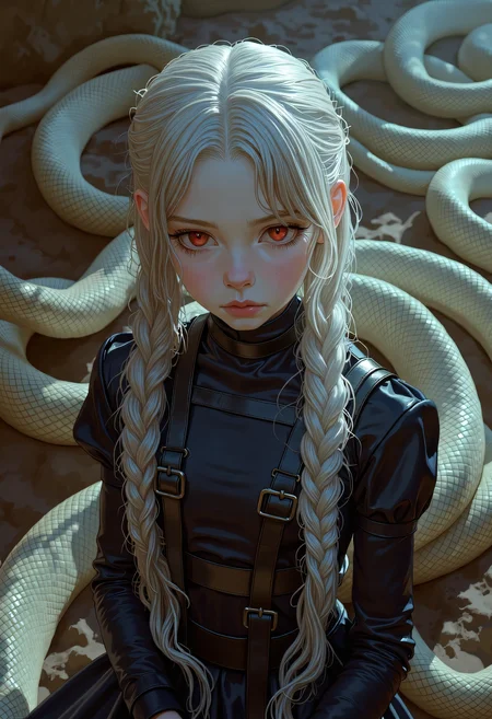 SWMS, young girl with flowing, silver-white hair intricately braided, her piercing red eyes partially obscured by loose strands. She wears a black, form-fitting military-style outfit with leather straps and intricate detailing. Surrounding her are large serpents, their scales glistening with a lifelike texture, eyes glowing a menacing red. Her hands, gloved in textured black leather, rest calmly at her sides. The atmosphere is tense, with soft, diffused light casting sharp, photorealistic shadows across her pale skin and the snakes coiled bodies. The background is a misty, abstract environment, enhancing her eerie and powerful presence. Every detail, from the weave of her braid to the fine scales of the serpents, is rendered with exquisite realism, making the scene vivid and lifelike., detailed drawing <lora:FLUX - SWMSF - Styles for FLUX ( detailed drawing, swms ):1> <lora:FLUX - Surreal_Photo (Glitter):0.4>