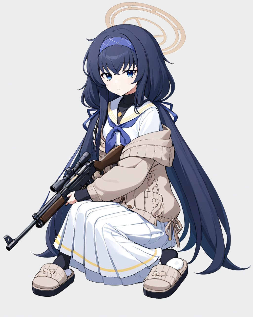 ui \(blue archive\),1girl, solo, slippers, white_background, pleated_skirt, white_skirt, simple_background, halo, cardigan, long_skirt, blue_neckerchief, sailor_collar, holding_gun, rifle, white_serafuku, signature, black_undershirt, long_sleeves, suppressor, full_body, blue_hairband, looking_at_viewer, sitting, low_twintails
<lora:ui_(blue_archive)_image2537_2023-11-28:1>halo. gorgeous,key visual, vibrant, studio anime,award-winning, professional, highly detailed,high budget, cinemascope