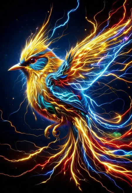 high quality, high resolution, extremely detailed, lthndrtrl, animal focus, bird made of golden and blue and red and yellow and purple lightning thunder trails
