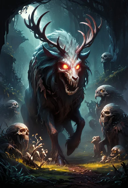 score_9, score_8_up, score_7_up, source_film, (hooded figure, wendigo, skull, antlers), bone armor, shoulder armor, outdoors, night, night sky, dark background, dark forest, w00f, simple background, animal focus, skull, ((glowing eyes)), open mouth, sharp teeth, concept art, digital art, realistic, dark, fluorescent