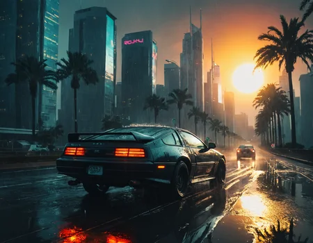 <lora:r0k00g00th:1>,r0k00g00th,r0kur3&l1tyHD. cyberpunk art,, a car driving down a wet road in front of a city skyline with palm trees and a giant sun [2]