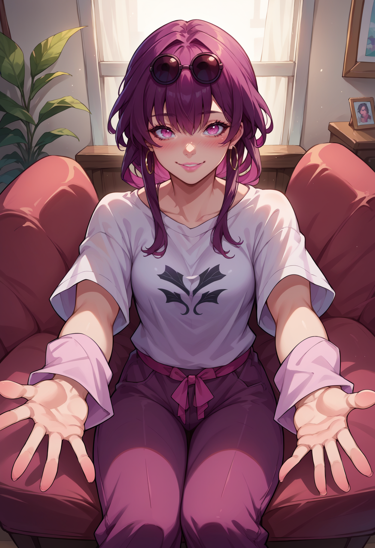score_9, score_8_up,score_7_up, source_anime, rating_safe, 1girl, solo, <lora:EPhsrKafka:1> ,EPhsrKafka, purple hair, long hair, low ponytail, pink eyes, hair between eyes, eyewear on head, sunglasses, 
 hoop earrings, pink lips, oversized t-shirt, baggy pants, outstretched arms, blush smiling, sitting on couch, in living room, looking at viewer, pov, incoming hug,