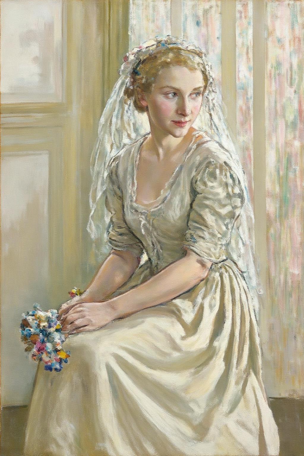 ethelleontinegabain1 painting.
A woman dressed in a light-colored, flowing bridal gown with a delicate veil on her head. She is seated, holding a bouquet of colorful flowers. She is turning her head to look to the right. The background consists of a softly blurred curtain. <lora:ethelleontinegabain1_cap_d8a4:1.0><lora:862152068612231559:0>