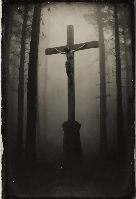 daguerreotype, occult, old photo, dark creepy, christian cross, crucifixion, forest, black and white photo, dark, shadow, distorted, grainy, film grain, Victorian