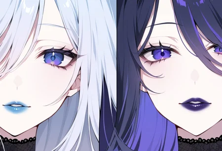 anime, two girls, adult, close up, lipstick, blue lipstick, purple lipstick, black lipstick, eye shadow, nail polish, lip gloss, long hair