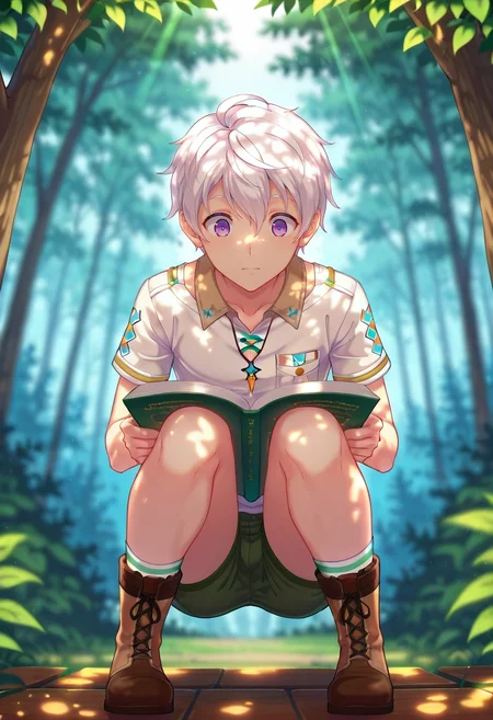 masterpiece, best quality, , , , depth of field, 1boy, solo, male focus, <lora:felix_clermont_ilxl:0.9>, felix_clermont, white hair, purple eyes, ahoge, , forest library, tree shelves, leaf canopy, reading nooks, studying pose, absorbed expression, dappled sunlight, Shorts, Rayon Tribal Caramel Henley thermal shirt, Chelsea boots, ,