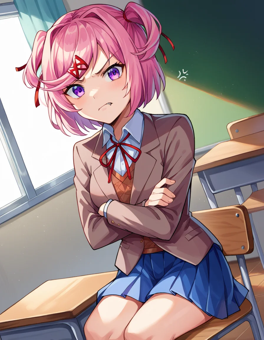 score_9, score_8_up, score_7_up, source_anime,
ddlcnatsuki, <lora:ddlc-natsuki-ponyxl-lora-nochekaiser:1>
ddlcnatsuki, fang, hair ornament, pink hair, purple eyes, short hair, short sidetail, swept bangs, x hair ornament,
blazer, blue skirt, brown jacket, collared shirt, jacket, long sleeves, miniskirt, neck ribbon, pleated skirt, red ribbon, ribbon, school uniform, shirt, skirt, swept bangs, vest, white shirt, wing collar, x hair ornament,
indoors, classroom, sitting, crossed arms, desk, chair, angry, anger vein,
looking at viewer, dutch angle, cowboy shot,