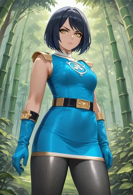 score_9, score_8_up, score_7_up, BREAK,
1girl, solo, BREAK,
sentaikageblue, shiny clothes, spandex, BREAK,
silver bodysuit, fishnet bodysuit, bodysuit under clothes, aqua dress, shoulder pads, aqua skirt, black belt, BREAK,
aqua gloves, no headwear, BREAK,
ku70u5a4a, dark hair, short hair, yellow eyes, medium breasts, thick thighs, BREAK,
standing, serious, BREAK,
dutch angle, outdoors, forest, bamboo, evening,