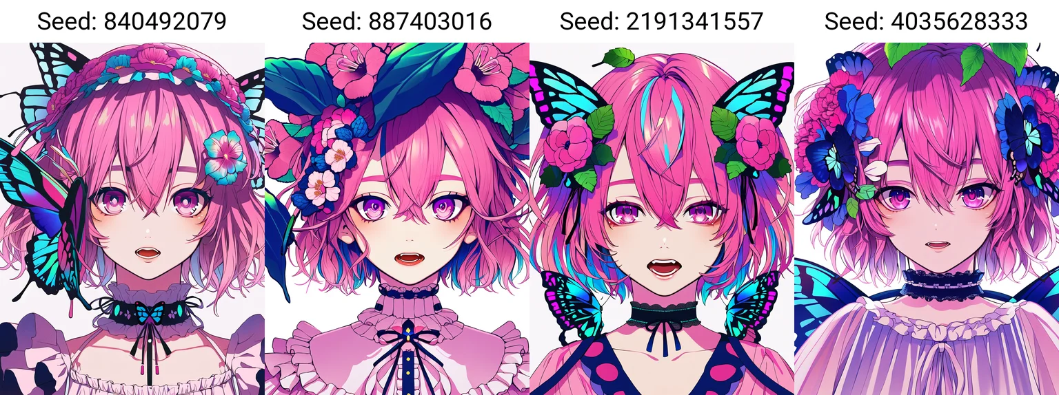 (masterpiece, best quality), (solo, 1girl, portrait), (hair flower, short hair, pink hair, hair between eyes, hair ornament), (pink eyes, looking at viewer), butterfly, bug,  blue flower, frills, multicolored butterfly, ribbon, open mouth, choker,  white background, bangs, leaf,