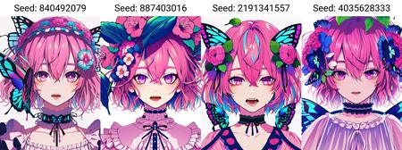 (masterpiece, best quality), (solo, 1girl, portrait), (hair flower, short hair, pink hair, hair between eyes, hair ornament), (pink eyes, looking at viewer), butterfly, bug, blue flower, frills, multicolored butterfly, ribbon, open mouth, choker, white background, bangs, leaf,