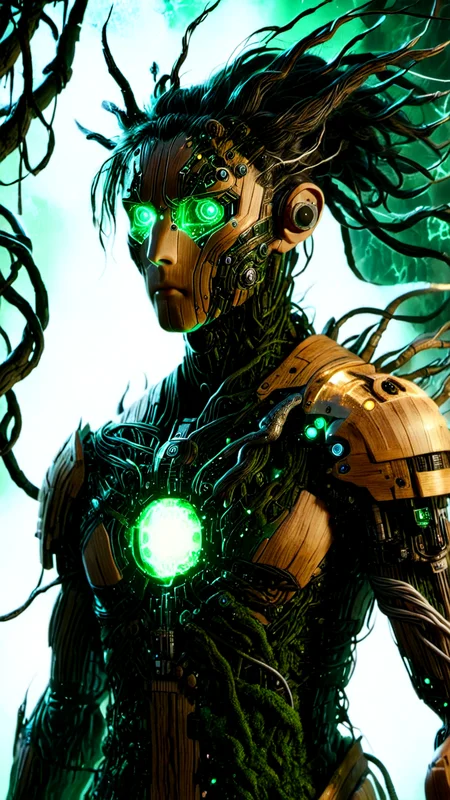 Hyperrealistic art cinematic film still photography in the style of detailed hyperrealism photoshoot, a wandering wooden android warrior that is a combination of wood and micro electronics, walking through the street of an ancient traditional Japanese naturepunk town, (nighttime, night shoot, starry sky, dark sky:1.5), (glowing green eyes:1.3), (his wooden body plates has electronic green glowing veins:1.3), covered in glowing roots and wires and vines, small green gems, he holds an ancient scimitar at the ready, bold lines, hyper detailed, shallow depth of field, vignette, highly detailed, high budget, bokeh, cinemascope, moody, epic, gorgeous, film grain, grainy, extremely high-resolution details, photographic, realism pushed to extreme, fine texture, incredibly lifelike,<lora:sd_xl_dpo_lora_v1:1.0>,  <lora:NaturePunk_SDXL:1.0>, Naturepunk,   <lora:Bio-Luminescence:1> bioluminescent, glowing,  <lora:- SDXL - holo_effect_V1.0:1>,  <lora:CyberLight:1> CyberLight,  <lora:Abstract_waves:1>
