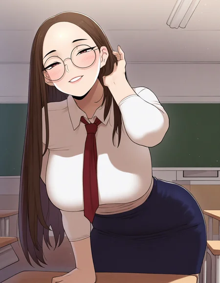 1girl,solo,long hair,straight hair, forehead,brown hair,white shirt,pencil skirt,classroom, leaning forward, necktie, parted lips, round eyewear, hand in own hair,smile,blush,half-closed eyes, (looking at viewer:1.2), 
 <lora:ABBB(ah-lyong_lee)-artist-illustrious v01:1> abbb