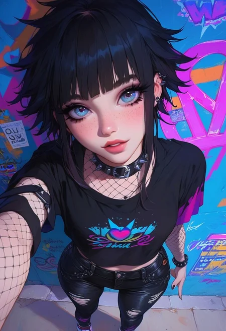 score_9, score_8_up, score_7_up, score_6_up, score_5_up, score_4_up, aesthetic, newest, 1girl, solo, emo style, cute face, beautiful girl, kawaii, bangs, black hair, long eyelashes, petite body, emo clothes style, punk style, semi-realism, graffiti signs, holographic billboards and other cool stuff, dynamic angle, cute pose, freckles, 18yo girl, fishnet, high waist pants, pov