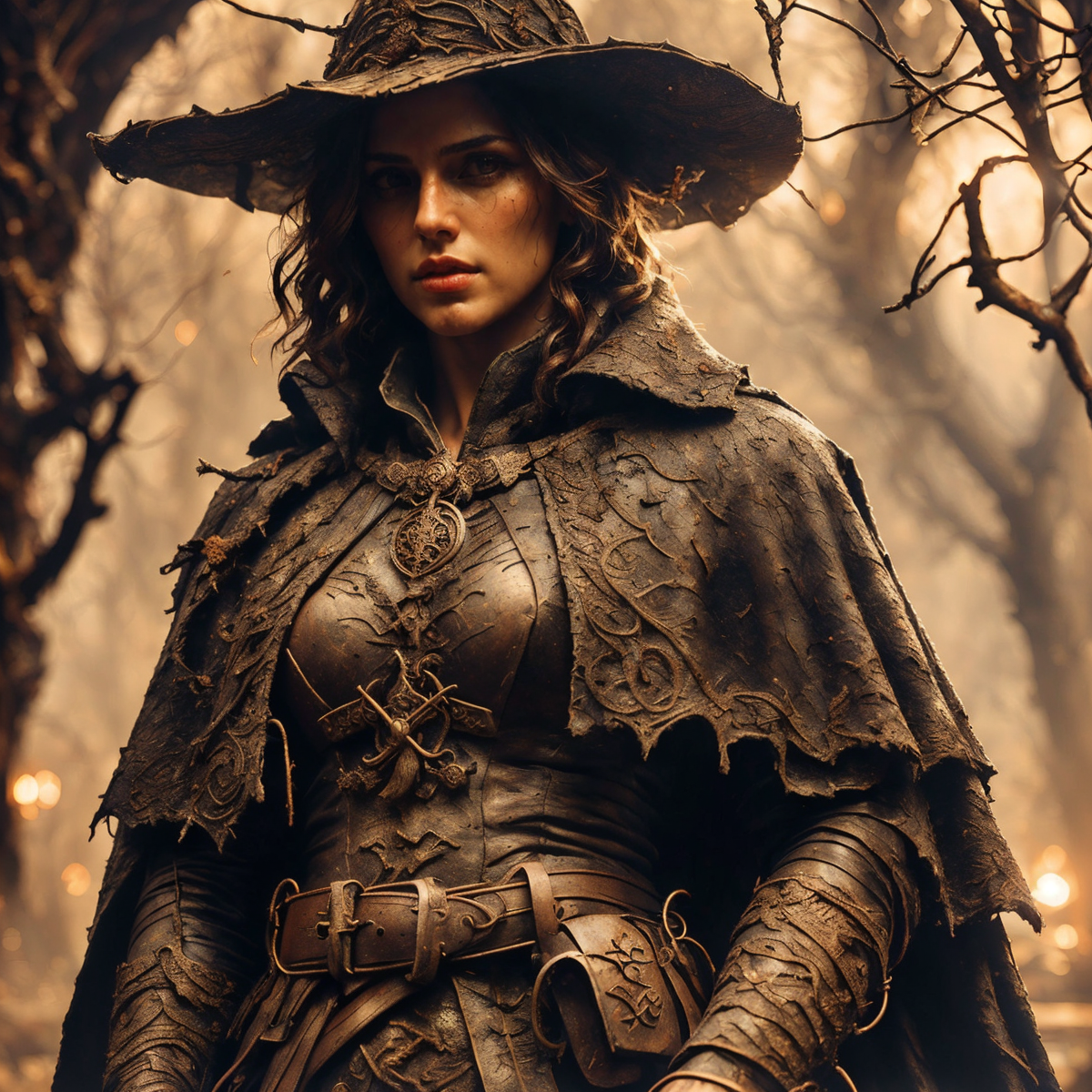 RAW photo, (masterpiece:1.3), subsurface scattering, heavy shadow, (high quality:1.4), (intricate, high detail:1.2), professional photography, HDR, High Dynamic Range, realistic, ultra realistic, photorealistic, high resolution, film photography, ambient lighting, atmospheric effects, <lora:detail_slider_v4:2>, OverallDetail, <lora:zoom_slider_v1:2>, a female WitchHunter, coat, belt, cape, hat, <lora:WitchHunter-10:1>, in a sinister graveyard, <lora:Darkness:0.2> Darkness, epiCPhoto