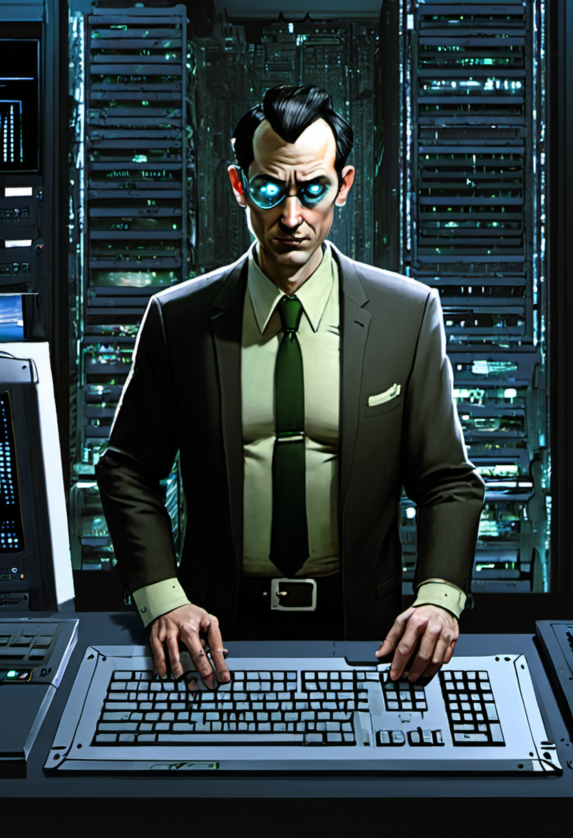 <lora:BillMatheson:.5> A BillMatheson man hacking into a dystopian city's mainframe to restore freedom to the citizens