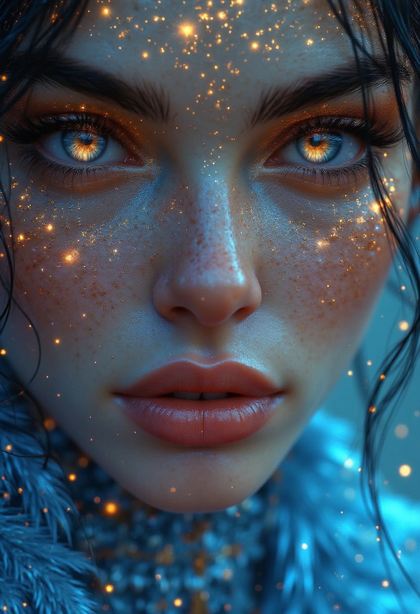 A close-up portrait of a woman with a mesmerizing gaze. Her face is adorned with a delicate scattering of golden sparkles, creating a luminous effect against the blue backdrop. Her eyes, wide and bright, reflect a sense of wonder and mystery. The woman's lips are full and slightly parted, hinting at a whisper or a secret.