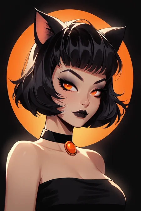 <lora:KuroCAT_Style:1>, high resolution, highly detailed, perfect lighting, beautiful detailed eyes, upper body, black background, 1girl, solo, looking at viewer, short hair, black hair, crop top, cat ears, busty, animal ears, sleeveless, strapless, orange eyes, upper body, makeup, choker, lipstick, eyeshadow, orange background, black lips