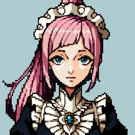 score_9, score_8_up, score_7_up, source_anime, BREAK, solo, 1girl, looking at viewer, <lora:P1-Portraits-pdxl_Fp:1>, portrait, simple background, pixel art, <lora:felicia-fe-richy-v2_pdxl:0.8>, flcdf, blue eyes, pink hair, long hair, ponytail, maid headdress, black feathered collar, blue brooch, breasts, maid, juliet sleeves, maid apron, bridal gauntlets,