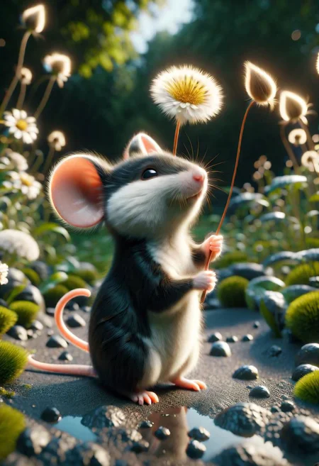 ral-fluff,<lora:ral-fluff:1>,
chibi,masterpiece,best quality,original,official art,black metallic fantasy mice,hat,flower,blurred background,rendering,beautiful detailed glow,(detailed ice),beautiful detailed water,sunny, blurred flower, happy, stand in Front of Hause