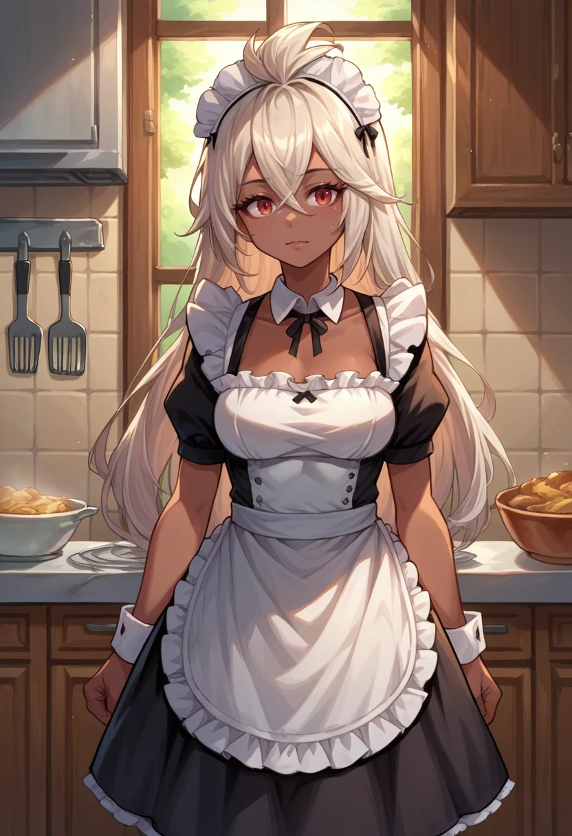 score_9, score_8_up, source_anime, 1girl, solo, Zooey, dark skin, long hair, ahoge, maid, maid headdress, maid apron, kitchen, <lora:ChamZooeyGBPonyXL:1>