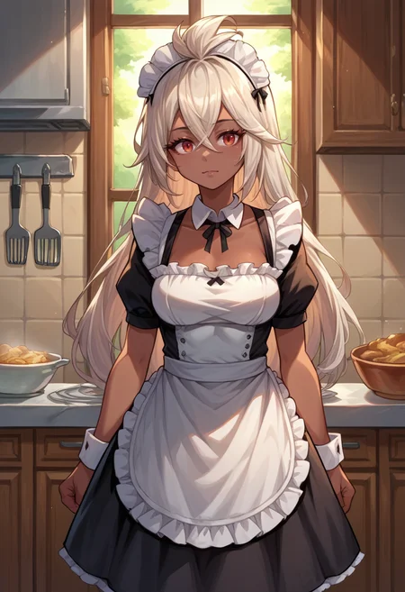 score_9, score_8_up, source_anime, 1girl, solo, Zooey, dark skin, long hair, ahoge, maid, maid headdress, maid apron, kitchen, <lora:ChamZooeyGBPonyXL:1>