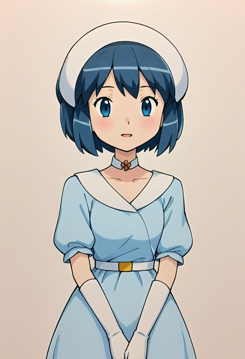 2d, masterpiece, best quality, amazing quality, 1girl, solo, close-up, upper body, simple background, traditional media, sketch, detailed lines,   manga style , pencil sketch style, soft shading, soft delicate features, prinsalvia, salvia \(pokemon\), blue eyes, dark blue hair, short hair, bangs, dress, long dress, elbow gloves, white gloves, white headwear, choker
