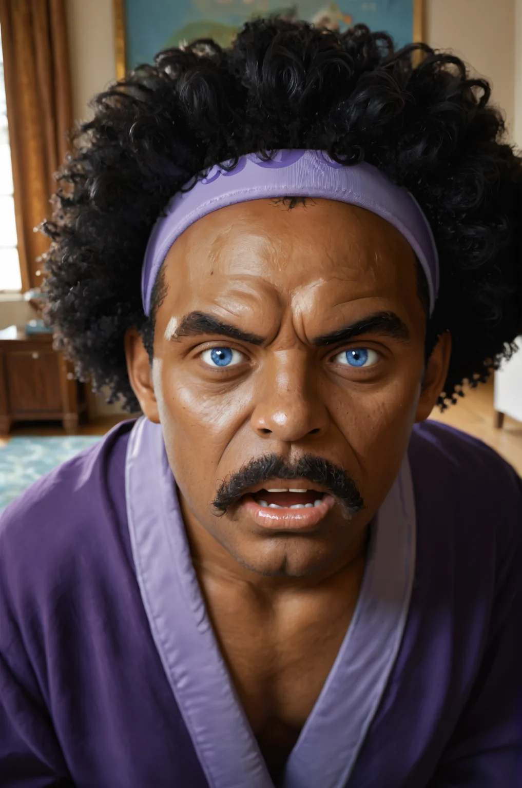 score_9, score_8_up, score_7_up, BREAK,
heroes2, from front, looking at viewer, face focus, head shot, male, angry, blue eyes, brown skin, yelling, purple headband, black hair, afro, black mustache, annoyed, leaning forward, purple robe, indoors, blue wall, wood furniture, brown furniture, 1boy, solo,
, <lora:HoMMv6_S98:1.2>,