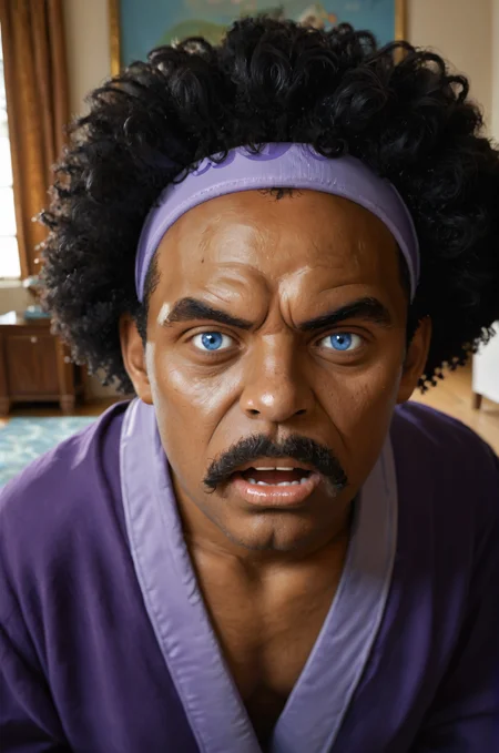 score_9, score_8_up, score_7_up, BREAK,
heroes2, from front, looking at viewer, face focus, head shot, male, angry, blue eyes, brown skin, yelling, purple headband, black hair, afro, black mustache, annoyed, leaning forward, purple robe, indoors, blue wall, wood furniture, brown furniture, 1boy, solo,
, <lora:HoMMv6_S98:1.2>,