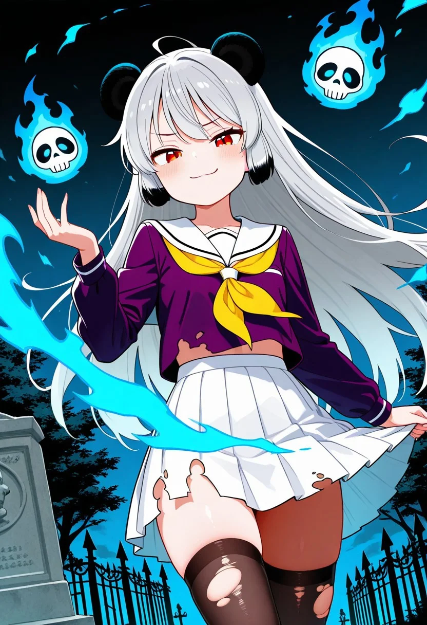 smasterpiece, best quality, amazing quality, score_9, score_8_up, score_7_up, score_6_up, score_5_up, score_4_up,
solo, meimei, panda girl, long hair, black panda ears, black ears, (gray hair: 1.2), (red eyes: 1.2),
skull eyes, skirt, school uniform, pleated skirt, serafuku, white skirt, shirt , purple shirt, sailor collar, white sailor collar, long sleeves, handkerchief, yellow handkerchief, long stockings, (torn clothes:1.2), skeleton hand, floating, blue fire in the adomen, in a cemetery, frowning, annoying, blue fire,looking at the viewer, serius, smug smile