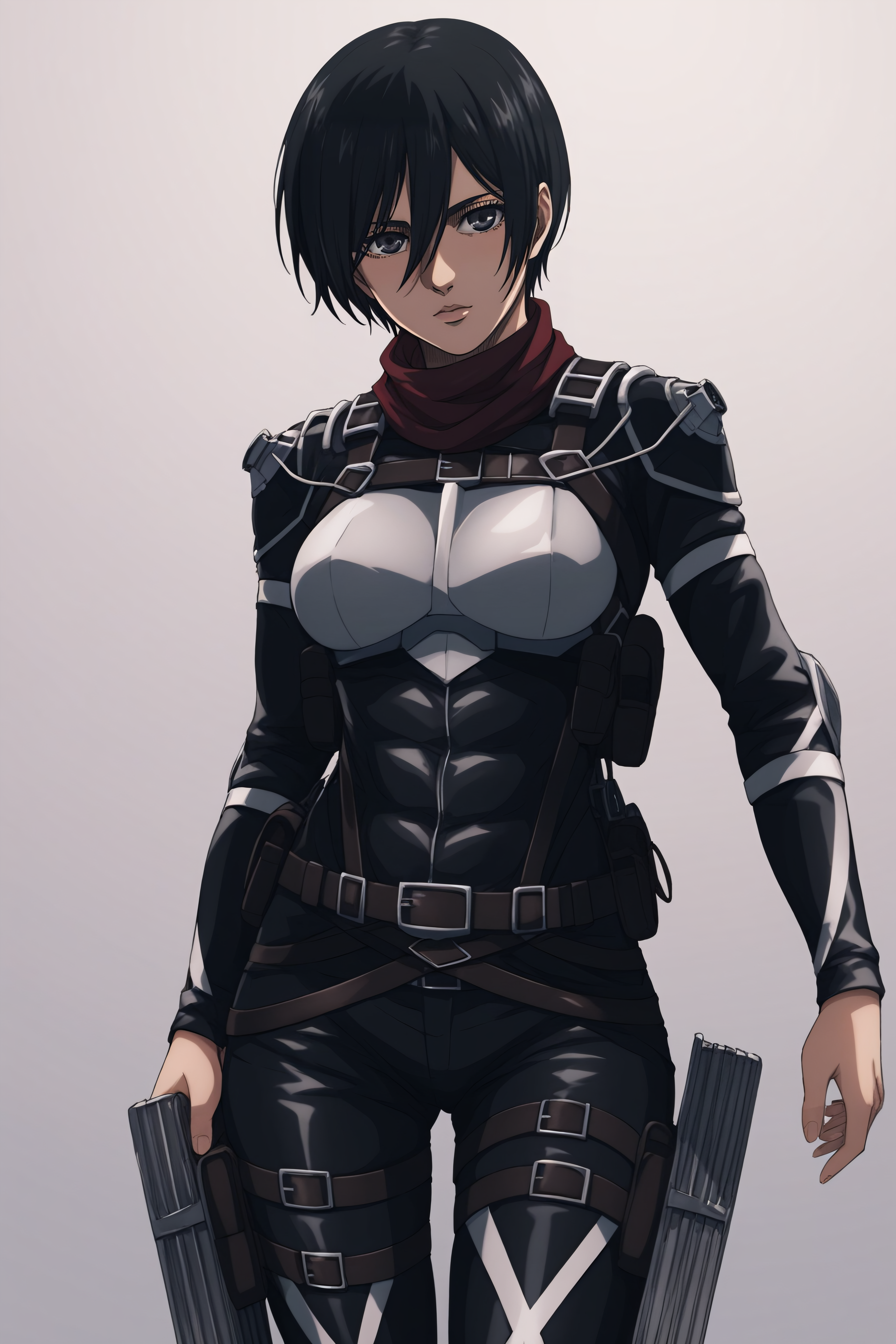 score_9, score_8_up, score_7_up, BREAK source_anime, <lora:adult mikasa ackerman-PonyXL-lora-faxtron:0.8> adult mikasa ackerman, black eyes, black hair, short hair, medium breasts, paradis military uniform, chest armor, belt, thigh strap,