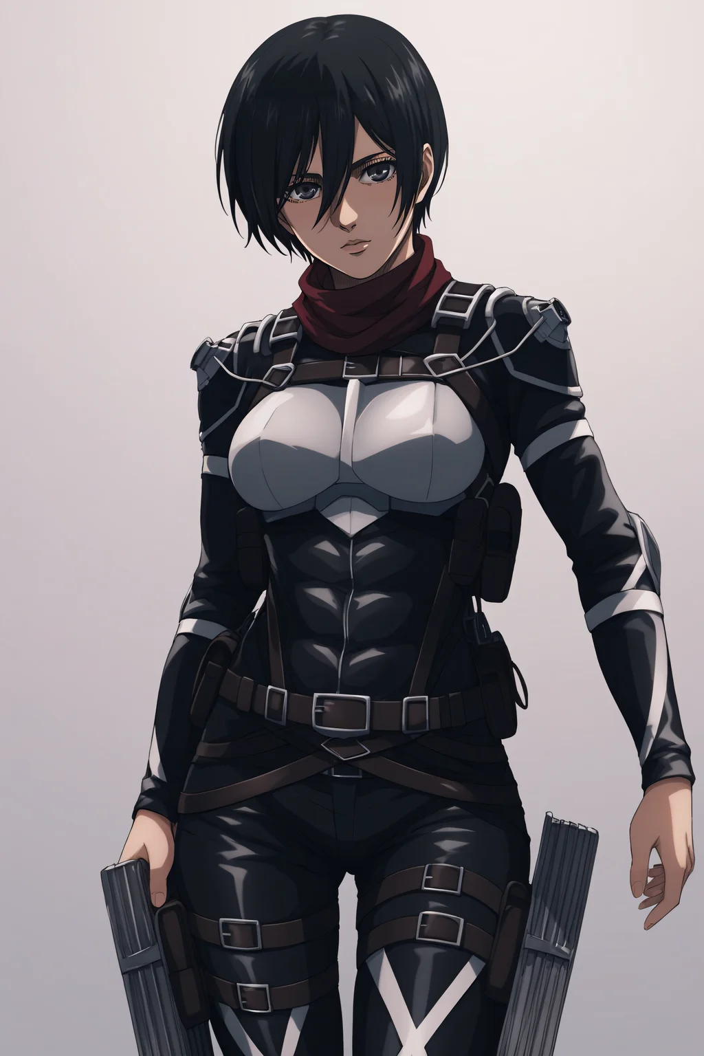 score_9, score_8_up, score_7_up, BREAK source_anime, <lora:adult mikasa ackerman-PonyXL-lora-faxtron:0.8> adult mikasa ackerman, black eyes, black hair, short hair, medium breasts, paradis military uniform, chest armor, belt, thigh strap,