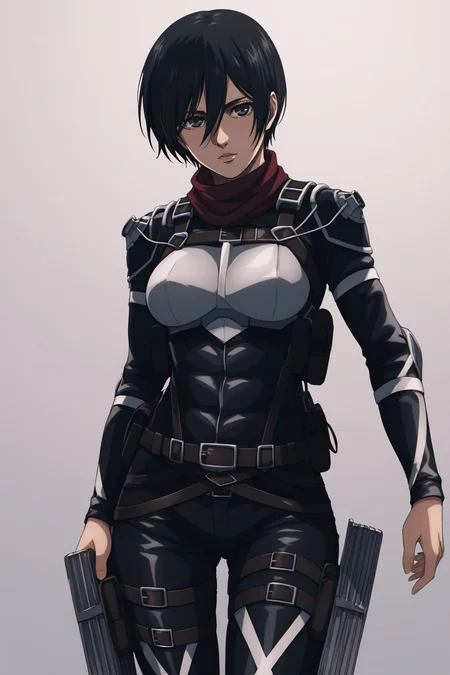 score_9, score_8_up, score_7_up, BREAK source_anime, <lora:adult mikasa ackerman-PonyXL-lora-faxtron:0.8> adult mikasa ackerman, black eyes, black hair, short hair, medium breasts, paradis military uniform, chest armor, belt, thigh strap,