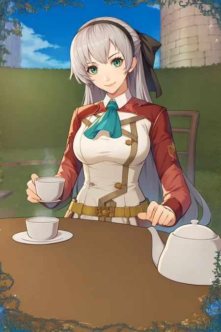 score_9, score_8_up, score_7_up, score_6_up, source_anime, 1girl, solo, <lora:elie-pdxl-nvwls-v2:1> zeroelie, grey hair, long hair, green eyes, black hairband, hair ribbon, black ribbon, red shrug top, blue ascot, white dress, yellow belt, skirt, <lora:Teatime-pdxl_Fp:1> table, food, cup, teacup, teapot, outdoors, sky, chair, sitting, large breasts, looking at you, smile