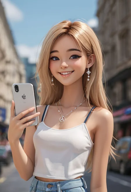 Expressiveh, (Masterpiece, best quality:1.2), score_9, score_9_up, soft shading, lighting, (anatomically correct), best high quality, high res, jewelry, solo, 1girl, 24 years old, irl, realistic style, photorealistic, smiling, closed mouth, outdoors, lens flare, depth of field, light particles, looking at viewer, blonde hair, long hair, messy hair, small breasts, makeup, jewelry, midriff, white tanktop, sleeveless, denim shorts, white sneakers, seductive pose, seductive look, making a selfie, peace sign, smartphone, London background, fcNeg, julia, tdreboot, side view, BadDream