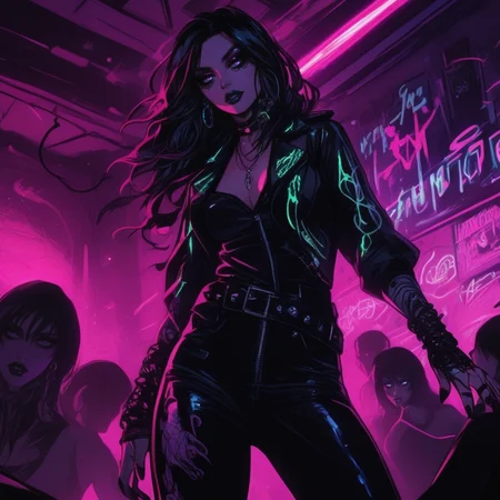 Gothic style <lora:Gothicanimegirls:1>A dark fantasy woman performing in a grungy underground rock club, lit with pulsating neon lights in shades of pink, green, and blue. Her makeup is bold and glittering, with a snake tattoo curling around her arm. The camera is at a tilted angle, emphasizing the chaotic energy of the room, with motion blur on the crowd and sharp focus on her. highly vibrant image. . Dark, mysterious, haunting, dramatic, ornate, detailed