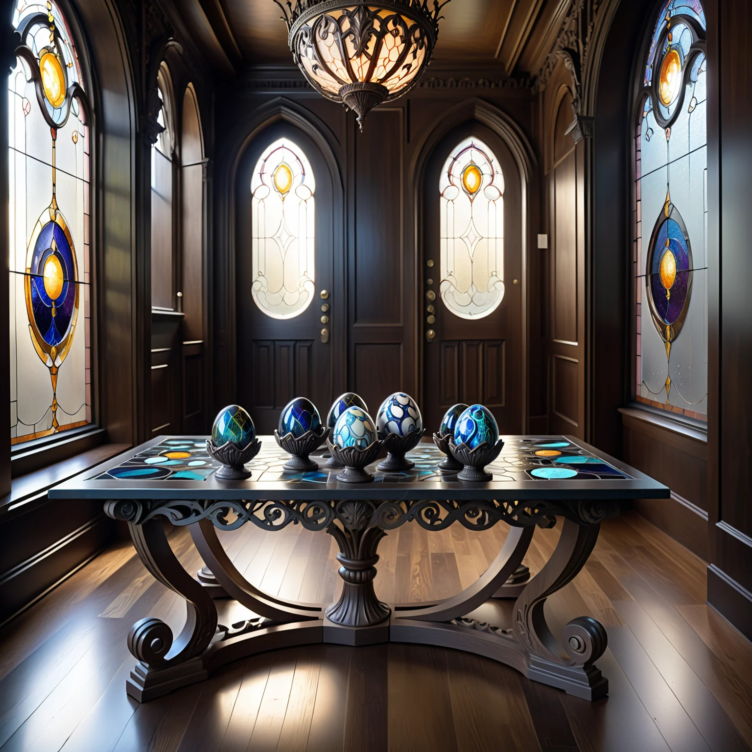 Abstract style a table with ornate eggs on it,electro orbs,by Dave Arredondo,ghostly aura,stained glass tile dark hallway,inspired by Elbridge Ayer Burbank,award-winning crisp details,inspired by Elizabeth Durack,professional photo,featured on artscape . Non-representational