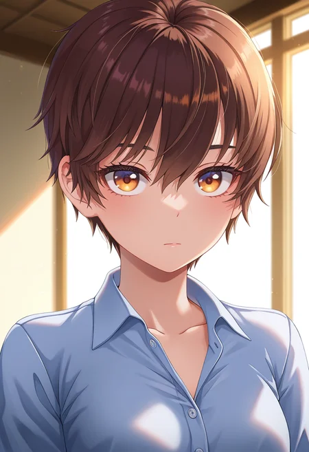 masterpiece, best quality, amazing quality, absurdres, 1girl, solo, (portrait:1.2), asumaww, tomboy, brown eyes, brown hair, short hair, hair between eyes, small breasts, collared shirt, looking at viewer, expressionless, indoors, day, skindentation, detailed clothing folds, depth of field, sharp, high contrast, dynamic light <lora:Hishikawa_Asuma_Spirited_Girl_ill:0.9>