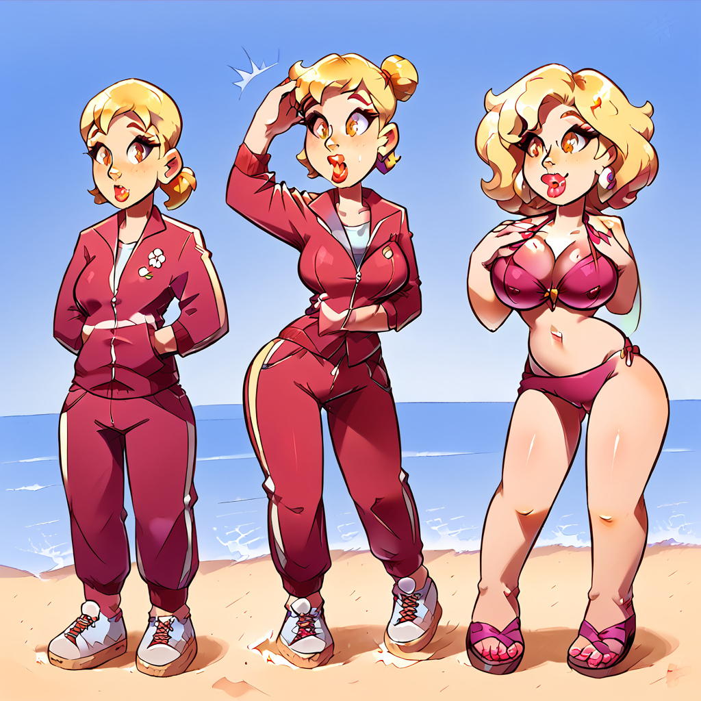score9, score8_up, score7_up, 3girls, same height, transformation sequence, beach, ocean, waves, track suit, blonde, short ponytail, sneakers, glamorization, BREAK, bikini, large breasts, lip gloss, earrings, sandals, various poses, wet body