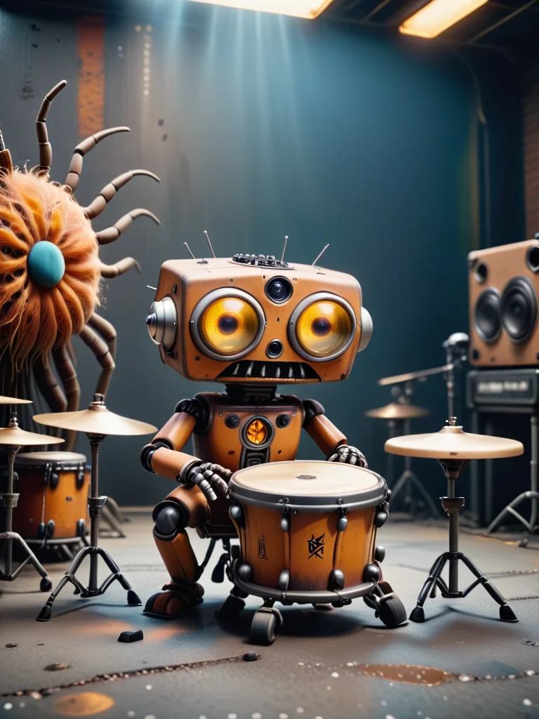 [photo focus on  1 robot playing drums, wig,  boxy, one-eye, spiderbot in background
 <lora:Robopop:0.75>, film, professional, 4k, highly detailed, absurdres, detailed, macro details, 8k, hyper realistic, texture surface details] logo in grafitti style font