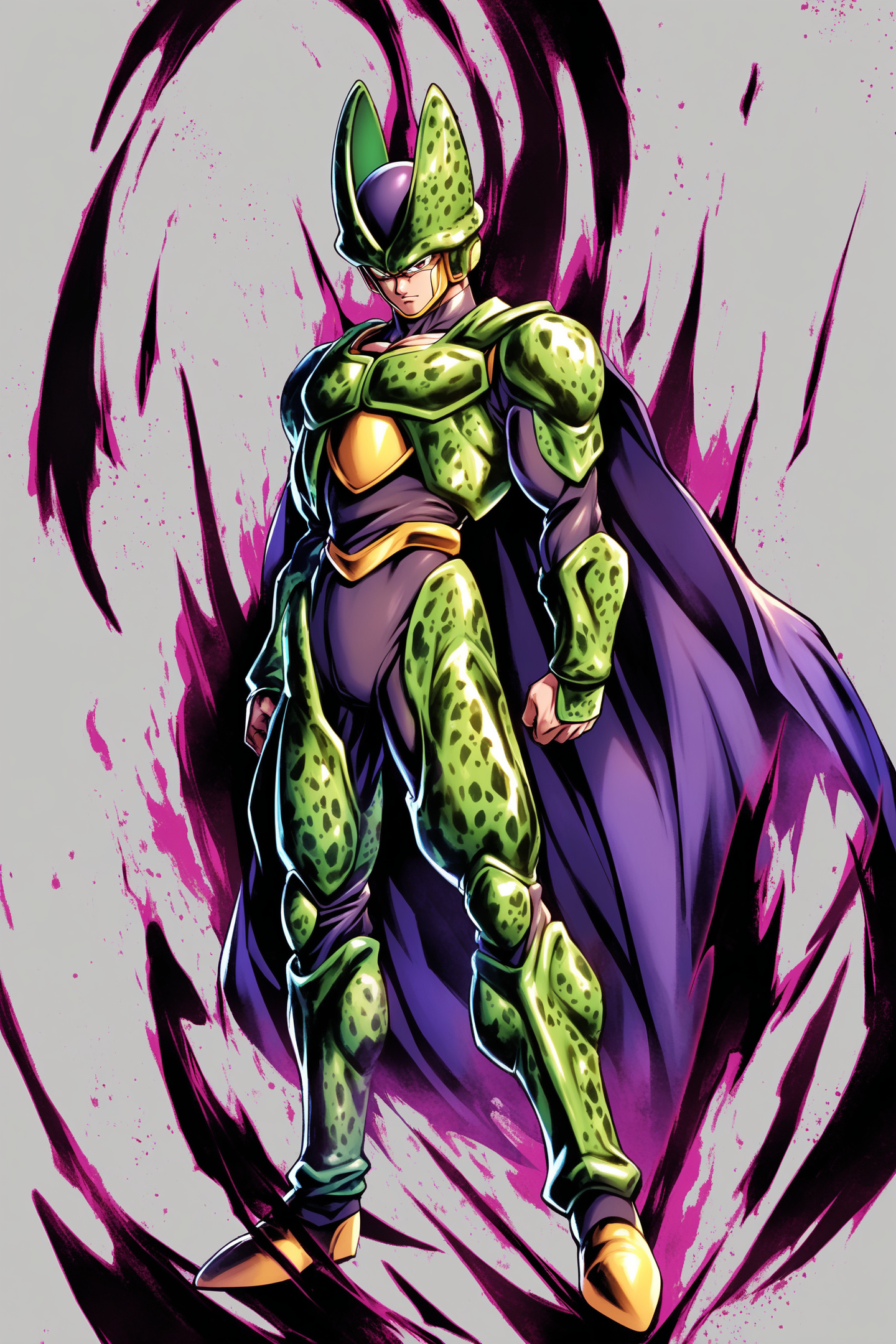 Cell,1boy,male focus,solo,full body,white background,aura,looking at viewer,cape,<lora:Dragon Ball_XL:0.8>,