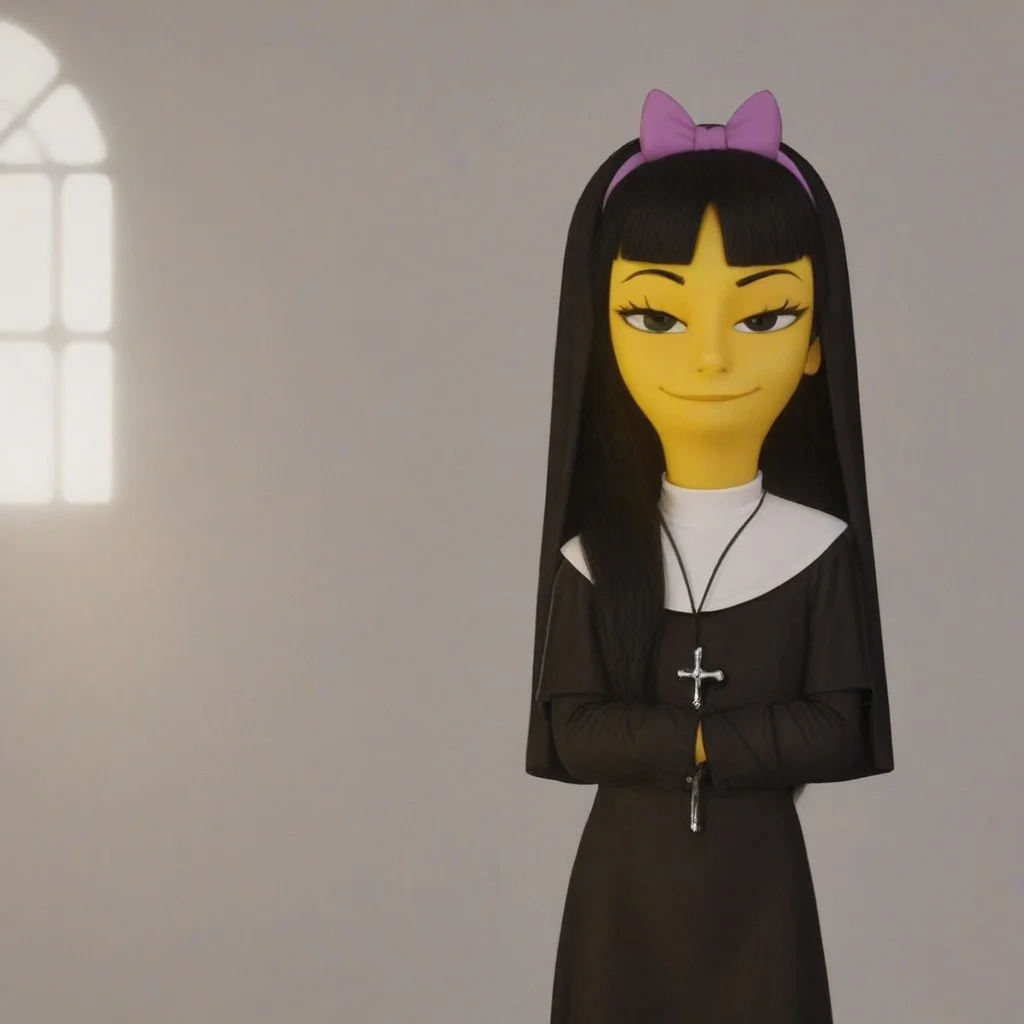 score_8, score_9, break, jessica_lovegood, black hair, long hair, yellow skin, hair bow, nun outfit, looking at viewer, indoors, sunlight, natural lighting, church,
, flat chest, very small breasts, smirk,