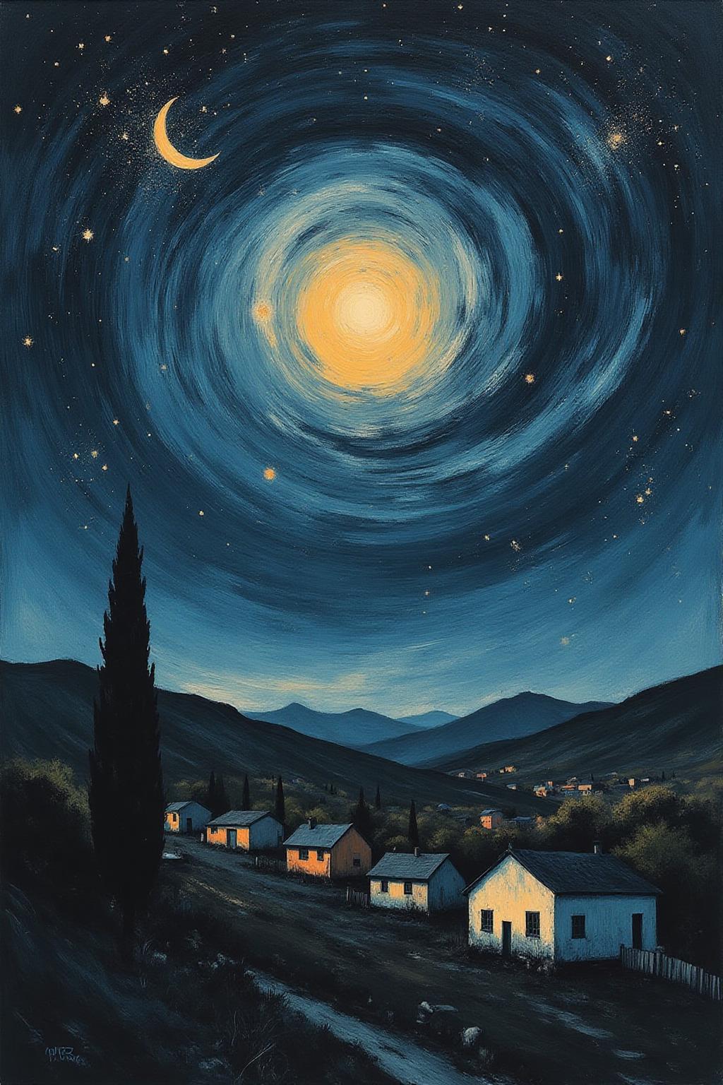 apoca1 illustration. dreamlike nightscape of a small village beneath a swirling, star-filled sky. The painting features a rich palette of deep blues, vivid yellows, and soft whites, with dramatic, fluid brushstrokes creating movement and emotion in the night sky. The stars and crescent moon radiate halos of glowing light, blending into swirling patterns that dominate the composition. Below, the quiet village with simple houses and a prominent church steeple is nestled among rolling hills, rendered with softer, more subdued strokes. A dark cypress tree in the foreground stretches upward, connecting the earth to the celestial sky. <lora:apocalypse_now4_nocap_d4a2:0.8><lora:803164455207946549:0>