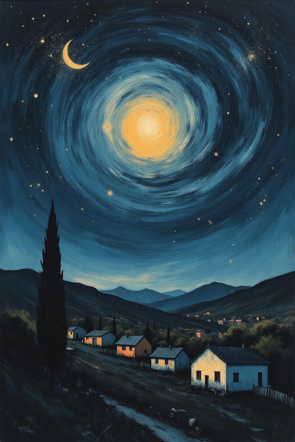 apoca1 illustration. dreamlike nightscape of a small village beneath a swirling, star-filled sky. The painting features a rich palette of deep blues, vivid yellows, and soft whites, with dramatic, fluid brushstrokes creating movement and emotion in the night sky. The stars and crescent moon radiate halos of glowing light, blending into swirling patterns that dominate the composition. Below, the quiet village with simple houses and a prominent church steeple is nestled among rolling hills, rendered with softer, more subdued strokes. A dark cypress tree in the foreground stretches upward, connecting the earth to the celestial sky. <lora:apocalypse_now4_nocap_d4a2:0.8><lora:803164455207946549:0>