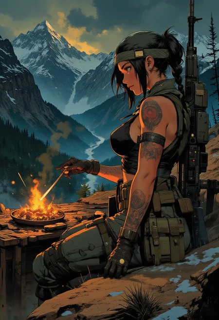 In the style of ff-td, nistyle, Silhouette Art, magnificent, crisp lines, closeup portrait of stunning mercenary, mountain top, overlooking a huge valley, beautiful girl, breasts, curvy, snipers nest, small campfire, cooking food, sniper rifle set up, dark braided hair, backwards hat, armor, sleeveless, arm sleeve tattoos, muscle tone, dogtags, sweaty, foreshortening, depth of field, at night, night, alpine, lightly snowing, dusting of snow,
Closeup, detailed face, freckles,