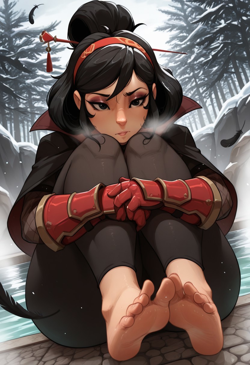 argosornstein, outdoors, undershirt, falling feathers, black bodysuit, hair stick, hugging knees, knees to chest, gauntlets, eyeshadow, red gloves, two sides up, black capelet, red hairband, black eyes, 1girl, solo, feet, visible breath, dynamic angle, foreshortening, smell, steam, onsen, water
