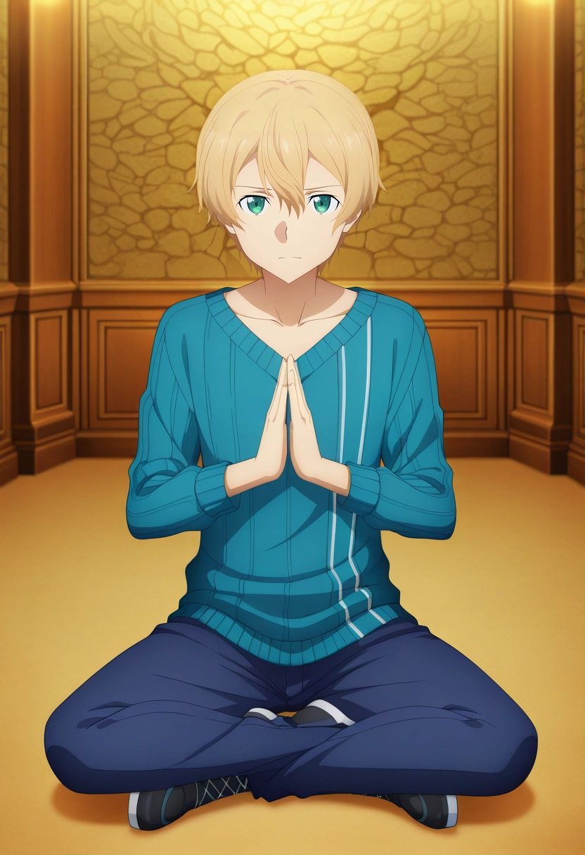 masterpiece, best quality, , anime screencap, , official style, looking at viewer, 1boy, solo, male focus, <lora:eugeo_sao_ilxl:0.98>, eugeo_sao, blonde hair, green eyes, bangs, hair between eyes, short hair, , zen room, sand garden, stone features, paper screens, meditation pose, peaceful expression, soft light, Straight-leg chinos, Tartan Lilac V-neck sweater, Wingtip shoes, , and