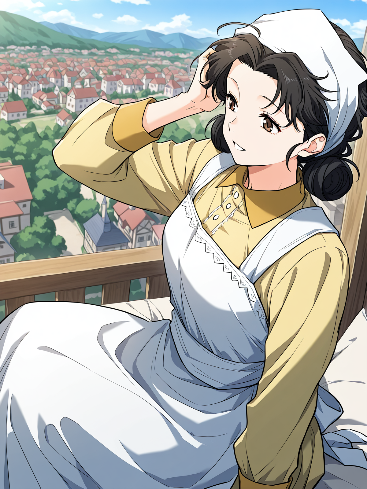 <lora:Emily__The_Greatest_Estate_Designer__Illustrious:1>
1 girl, solo, brown eyes, black hair, hair bun, double bun, short hair, bangs,
shirt, yellow shirt, white apron, head scarf, long sleeves, 
score_9, score_8_up, score_7_up, very aesthetic, source_anime, detailed, high quality, beautiful, masterpiece, detailed eyes, castle, village, blurry background, cityscape, pose dynamic angle, light smile, open mouth, hand on hair, sitting