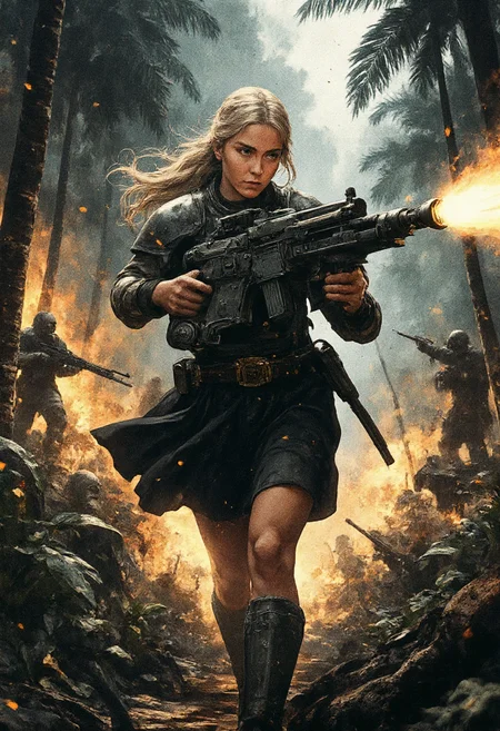 An epic cinematic film still of a beautiful karolineleavitt, charging into battle. She is wearing black skirt, and is armed with a heavy bolter. karolineleavitt has blonde hair with a long braid and bangs. The shot is taken at hip level and gives the impression of running. The scene is set in lush jungle of the death world, Catachan, she is shooting her bolter gun at an enemy outside of the frame chasing after her, empty bullet casting flying in the air, tracer bullets are whizzing by her, but she stands firm and resolute as the flame from gunfire is casting lights and shadows adding a dramatic sense to the scene, epic battle, night time, explosions, life or death battle, grimdark, cinematic color grading, highest quality. highly detailed, watercolor anime style. Dystopian, shades of gray with highlight colors. Angled, legs apart, pointing gun at camera. Extreme perspective. Action pose with gun. Cinematic action style. <lora:RetroAnimeFluxV1:0.7> <lora:Mezzotint_Artstyle_for_Flux_-_by_Ethanar:0.6> <lora:Karoline_Leavitt_FLUX:1> <lora:CPA:0.7> anime