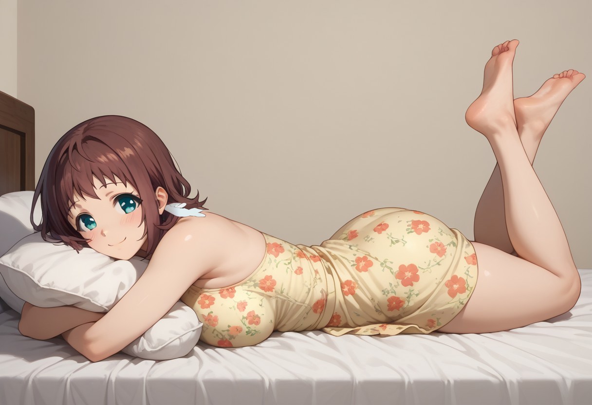 (score_9, score_8_up, score_7_up), 1girl, solo, manaka mukaido, short hair, blue eyes, brown hair, bobcut hair, large breasts, thick thighs, curvy female, wide hips, mature female, chubby, on stomach from side, on stomach, from side, on bed, pillow, pillow hug, looking at viewer, blush, happy, smile, full body, floral print, summer dress,